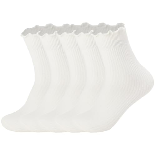 Flydo Ruffle Socks Women Cotton Socks Cute White Socks for Women Girls Lettuce Edge Socks Women Frilly Low Socks 5 Pack White