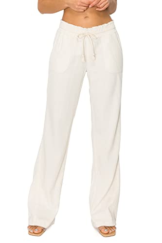 Cali1850 Women's Casual Linen Pants 32' Inseam Oceanside Drawstring Smocked Waist Lounge Beach Pants with Pockets Oatmeal Medium