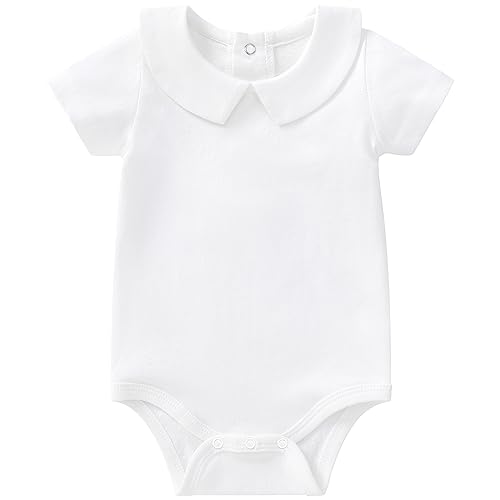 pureborn Baby Boys Girls Bodysuits Unisex Short Sleeve Peter Pan Collar Summer Cotton Romper White 18-24 Months