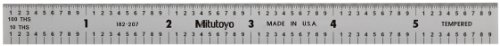 Mitutoyo 182-207, Steel Rule, 6' X 150mm, (1/10, 1/100', 1mm, 1/2mm), 1/64' Thick X 1/2' Wide, Satin Chrome Finish Tempered Stainless Steel