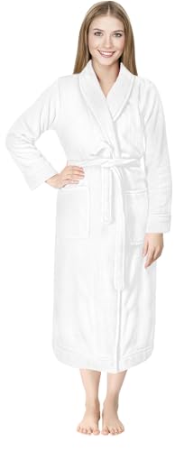 NY Threads Women Fleece Shawl Collar Bathrobe Plush Long Robe, Large, White