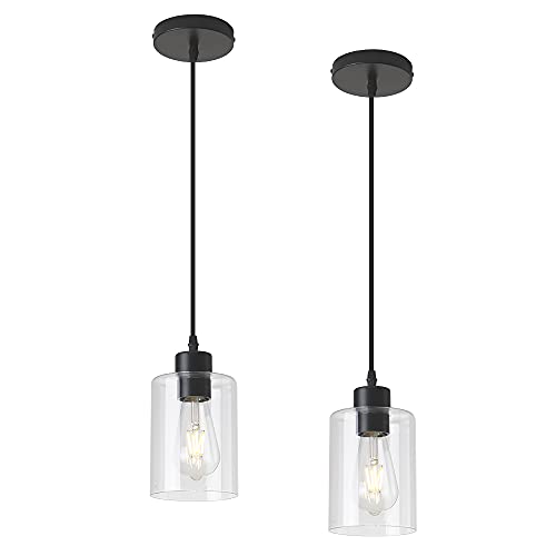 KLSS Modern Black Farmhouse Clear Glass Cylinder Pendant Light Fixture,Island Lights for Kitchen,Mini Pendant Lighting for Kitchen Island Decor - 4.75 Inch Shade, 2-58 Inch Cord (Black 2 Pack)