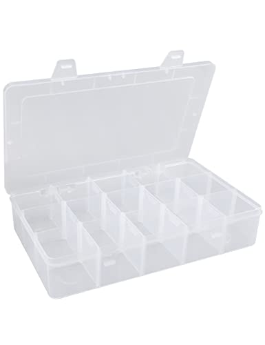 Hlotmeky Plastic Organizer Box with Dividers Bead Organizer 15 Large Grids Tackle Box Organizer Clear Snackle Box Container
