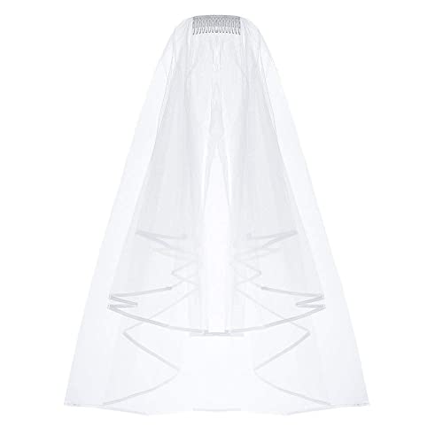 ZIYAN White Double Ribbon Edge Center Cascade Bridal Wedding Veil with Comb