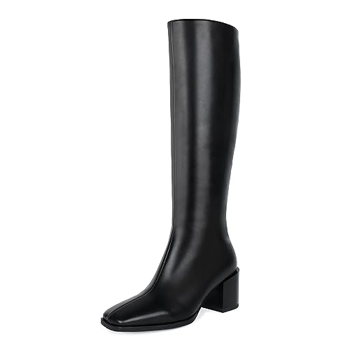WETKISS Knee High Boots Women Gogo Boots Black Boots for Women Chunky Boots for Women Knee High 70s Boots for Women Tall Boots Long Boots Block Heel Square Toe Leather Boots Thigh High Boots for Women