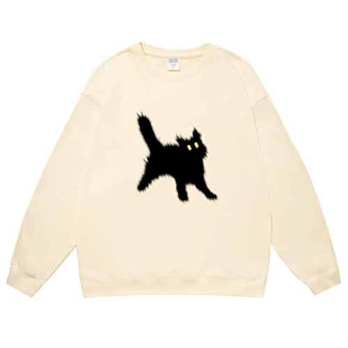 Hewlshawn Women's Crewneck Sweatshirts Oversized Casual Long Sleeve Cotton Fall Tops Cute Cat Pattern Pullover Sweatshirt (636-Yellow,M)