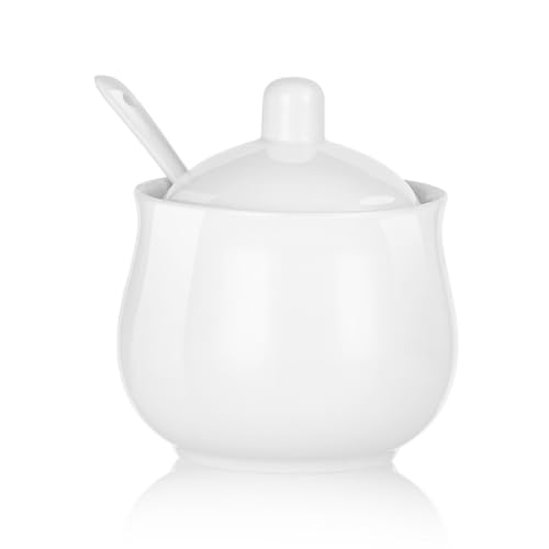 CHILDIKE Ceramic Sugar Bowl with Lid and Spoon, White Porcelain Sugar Salt Pepper Storage Jar, 8 Ounces