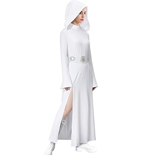 MORROWIND Women Costume White Hooded Long Dress Robe with Belt Halloween Cosplay Party Outfit Suit (Medium)