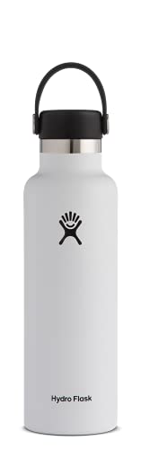 Hydro Flask Standard Mouth Bottle with Flex Cap White 21 oz, Stainless Steel, Dishwasher Safe