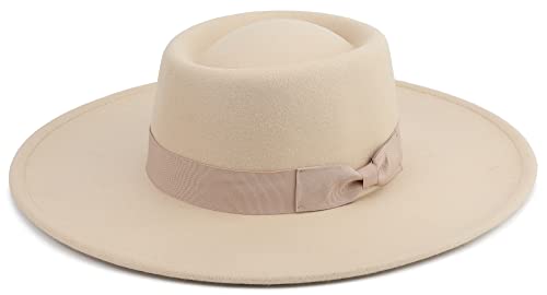 Pro Celia Big Wide Brim Women Fedora Hat (Oval-Rice)