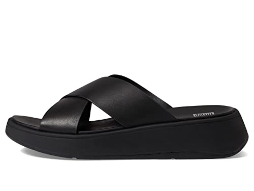 FitFlop F-Mode Leather Flatform Cross Slides All Black 8 M (B)