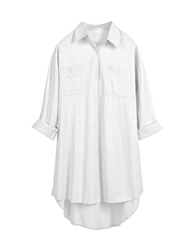 Bianstore Women's Oversized Linen Shirts Blouses Tops Long Sleeve High Low Button Up Shirts (White-XXL)