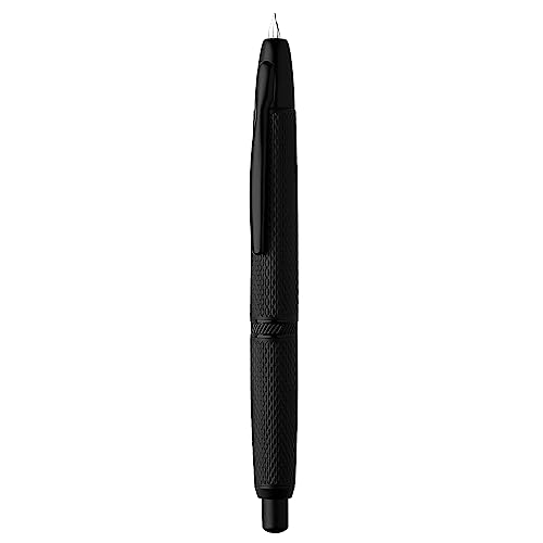 Majohn A1 Retractable Fountain Pen Extra Fine Nib with Box, Black Grid Press Pen with Converter for Writing (With Clip Version)