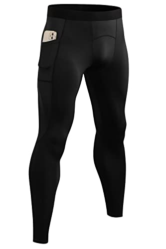 Men's Compression Pants Leggings Tights with Pockets Cool Dry Sports Baselayer Athletic Tights for Basketball Running Black
