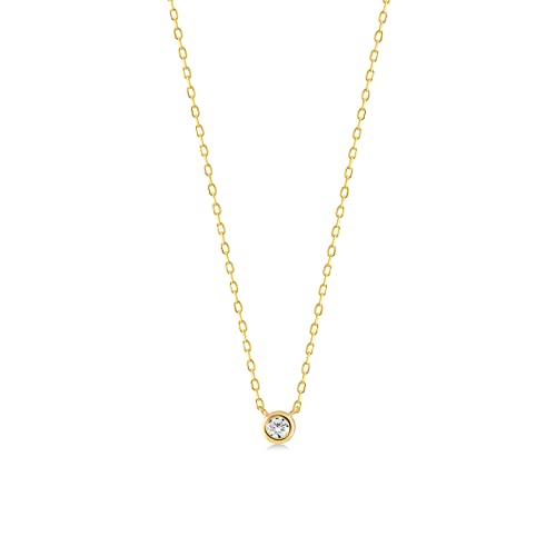 Diamond Solitaire Necklace | 14k Yellow Gold Necklaces for Women | 14k Solid Gold Bezel Set Pendant Necklace | Dainty Round Cut Diamond Jewelry | Gifts for Christmas, 18'