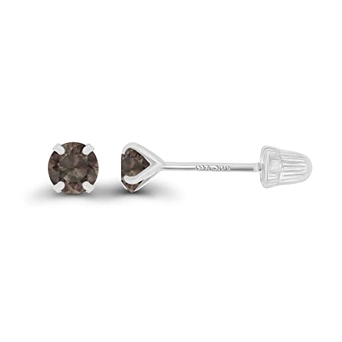 Solid 14K White Gold 3mm Round Natural Smoky Quartz June Birthstone Solitaire Ball Screw Back Stud Earring