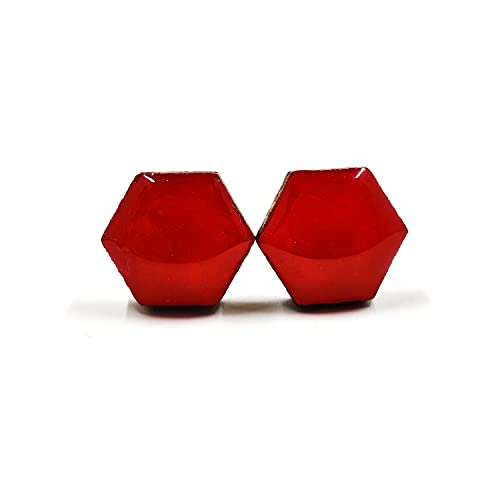 Stud Earrings, Geometric Hexagon, 10 mm, Handmade, Stainless Steel Posts for Sensitive Ears (Lipstick Red Hexagon)