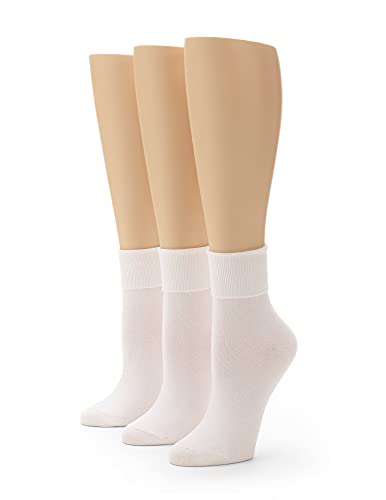 No nonsense Women's Cotton Basic Cuff Sock 3-Pack, White, 4-10