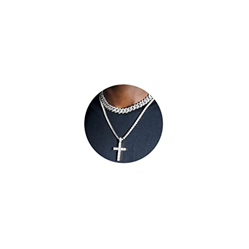 DLSIXNCO Cuban Link Chain for Men Women Cross Necklace for Men women Iced Chain Miami Cuban Link Chain Cross Pendant Diamond Chain for Men Boys Religious Jewelry Gift (Silver, 16'+18')