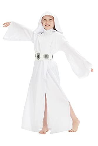 Rodwake Children's Princess Leia Cosplay Costume Girls White Tunic Hooded Robe Halloween Kids Outfit
