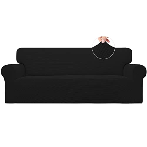 Easy-Going Stretch Sofa Slipcover 1-Piece Sofa Cover Furniture Protector Couch Soft with Elastic Bottom for Kids, Polyester Spandex Jacquard Fabric Small Checks (Sofa, Black)