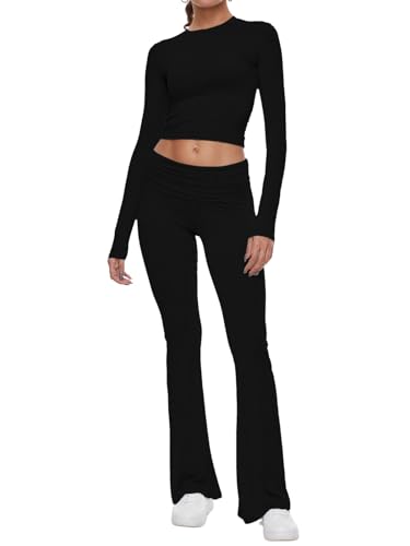 AnotherChill Women's 2 Piece Lounge Sets Fold-over Flare Pants Set Long Sleeve Cropped Top Casual Outfits Pajamas (Black, Medium)
