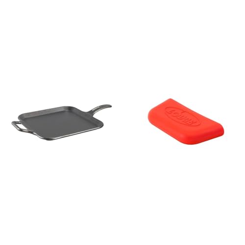 Lodge BOLD 12 Inch Seasoned Cast Iron Square Griddle + Lodge BOLD Silicone Assist Handle Holder - Vibrant Red