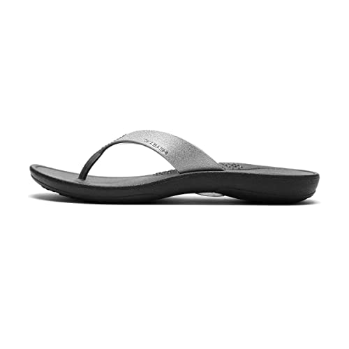 OKABASHI Women's Breeze Flip Flop (Black/Silver, ML) | Contoured Footbed w/Arch Support for All-Day Comfort | Slip-Resistant & Waterproof | Sustainably Made in The USA