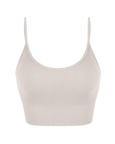 ODODOS Seamless Sports Bra for Women Ribbed Camisoles Non Padding Yoga Bra Crop Tank Tops, Star White, X-Large