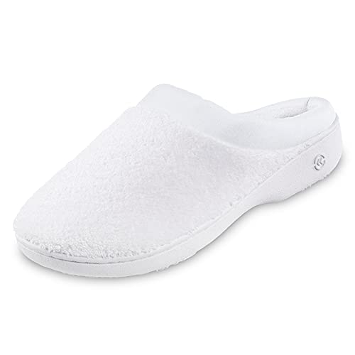 isotoner Women's Terry and Satin Slip On Cushioned Slipper with Memory Foam for Indoor/Outdoor Comfort, White, 8.5-9