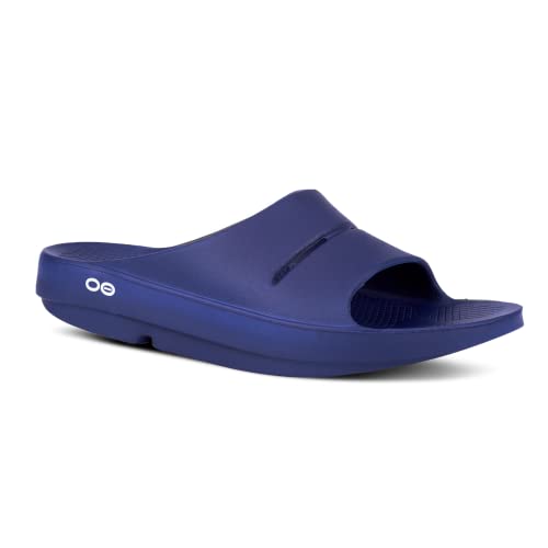 OOFOS OOahh Slide, Navy - Men’s Size 7, Women’s Size 9 - Lightweight Recovery Footwear - Reduces Stress on Feet, Joints & Back - Machine Washable
