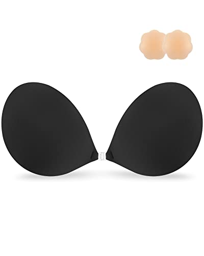 Niidor Adhesive Bra Strapless Sticky Invisible Push up Silicone Bra for Backless Dress with Nipple Covers Black(C Cup)