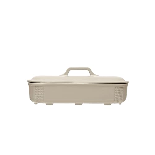 Creative Co-Op 15.5 Inches Oval 2-Quart Debossed Stoneware Baking Dish with Lid, Matte White Baker