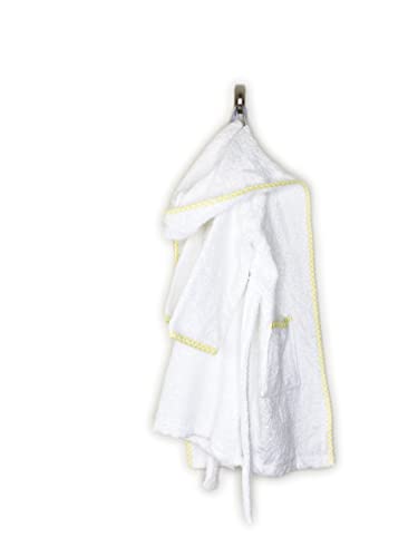 Maura Kid's Super Soft and Absorbent Cotton Cover-Up Bathrobe, Prince George Style Luxury Hooded Robe. White and Yellow Checkered Binding, Turkish Terry Bathrobes.