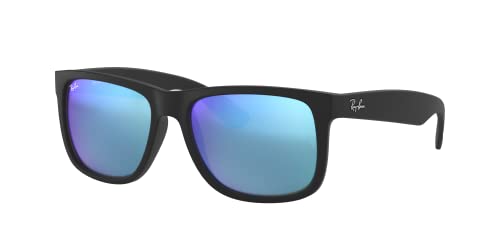 Ray-Ban RB4165 Justin Rectangular Sunglasses, Rubber Black/Blue Flash, 55 mm