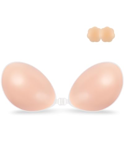 Niidor Adhesive Bra Invisible Strapless Backless Silicone with Nipple Covers Cup B Pink