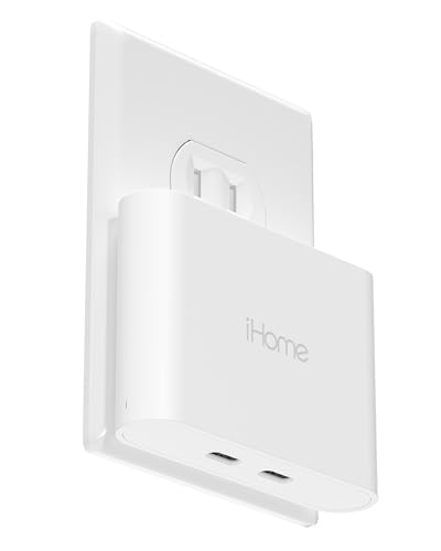 iHome Multiport USB-C Charger : AC Pro 2-Port Flat USB C Charger Block, Double USB C Wall Charger, Fast Charging Compatible USB-C Wall Charger (White)