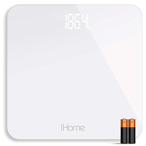 iHome Digital Scale Step-On Bathroom Scale - iHome High Precision Body Weight Scale - 400 lbs, Battery Powered with LED Display - Batteries Included -Great for Home Gym (White)