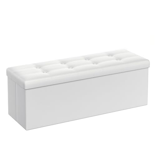 SONGMICS 43 Inches Folding Storage Ottoman Bench, Storage Chest, Footrest, Coffee Table, Padded Seat, Faux Leather, Holds up to 660 lb, White ULSF702