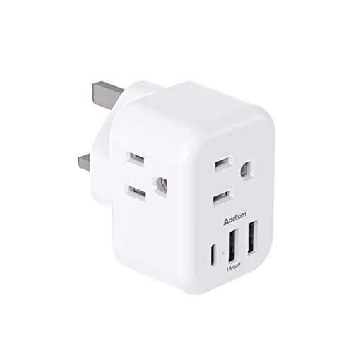 US to UK Ireland Plug Adapter, Addtam Type G Power Adapter with 3 AC Outlets and 3 USB(1 USB C), Travel Essentials for USA to Dubai Scotland British London England Hong Kong Irish