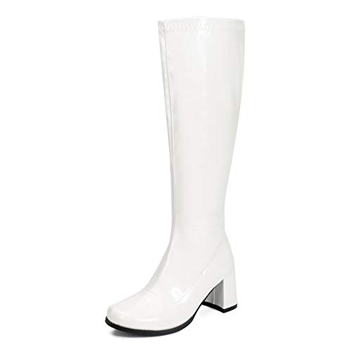 White Women'S Gogo Boots High Over Knee Block Heel Zipper Boot Disco Costumes Dress 70s Shoes For Women Botas Blancas Para Mujer Womens Santa Outfits Thigh Girls Leather Patent Square Toe Cosplay