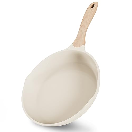JEETEE 8 Inch Nonstick Frying Pan, Stone Coating Cookware, Nonstick Omelette Pan with Heat-Resistant Handle, Induction Skillet for Eggs (Beige)