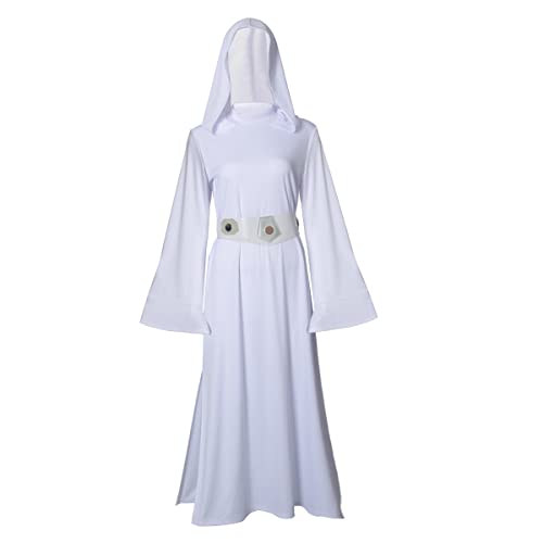 COSMAKER Womens Leia Costume Long Hooded Princess Dress Halloween Tunic Robe with Belt (White, Medium)