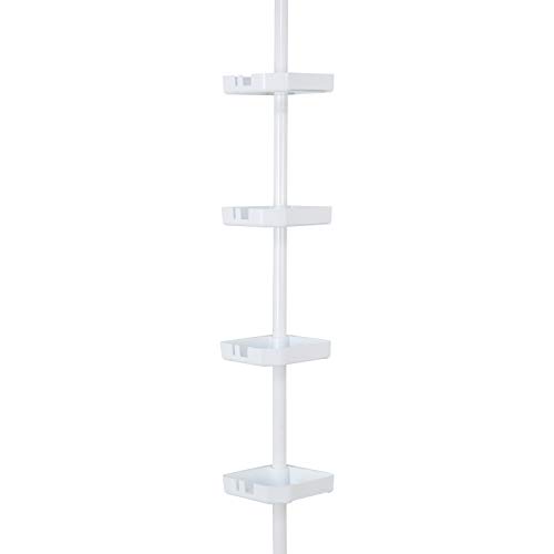 Bath Bliss 4 Tier Tensions Corner Shower Caddy | Shelves| Adjustable 48“-101”| Bathroom Organizer| Bathtub and Shower Stall| Holds Large Bottles| Soap| Shampoo| Washcloths| Matte White.