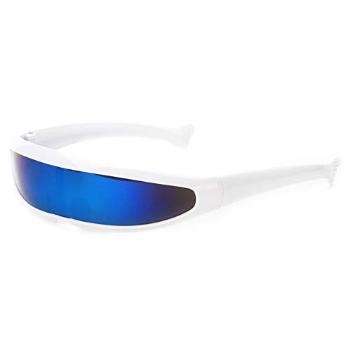 Ocean Line Futuristic Narrow Cyclops Sunglasses UV400 Personality Mirrored Lens Costume Eyewear Glasses Funny Party Mask Decoration (White, Blue)