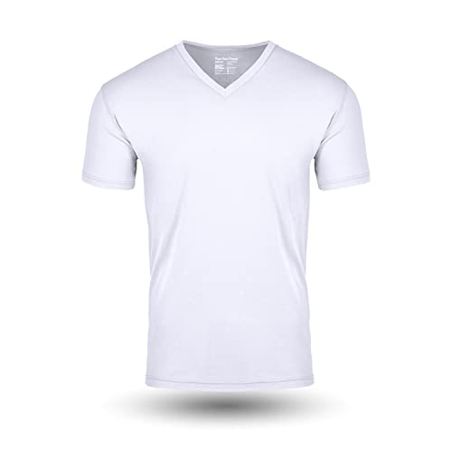 Fresh Clean Threads White V Neck T Shirts for Men - Pre Shrunk Soft Fitted Premium Classic Tee - Men's T-Shirt Cotton Poly Blend - Large