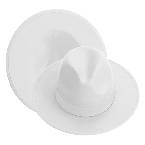 KUJUHA Fedora Hats for Mens/Womens Felt FedoraHats Two Tone Wide Brim Fedora Hats Rancher Hat White