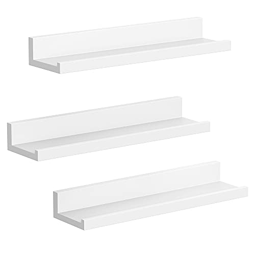 SONGMICS Floating Shelves, Set of 3 Wall Shelves, 15-Inch Wide, for Photo Frames and Trinkets, for Living Room, Home Office, Kitchen, Bathroom, White ULWS38WT