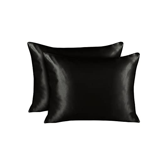 ShopBedding Black Satin Pillowcase for Hair and Skin, Silk Pillowcase Black 2 Pack, Luxury Satin Pillowcases with Zipper Closure, Satin Pillow Case Cover Queen Satin Silk Pillowcase for Hair & Skin