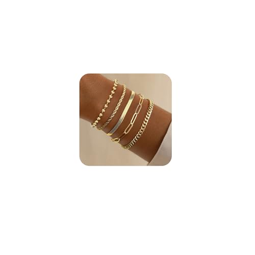 Poxtex Gold Bracelets for Girls, 14K Gold Dainty Waterproof Adjustable Bracelets for Girls Trendy, Gold JLink Bracelets Sets Inclued Beaded, Cuban, Paperclip, Herringbone, Rope, 7'+2' Extender Chain